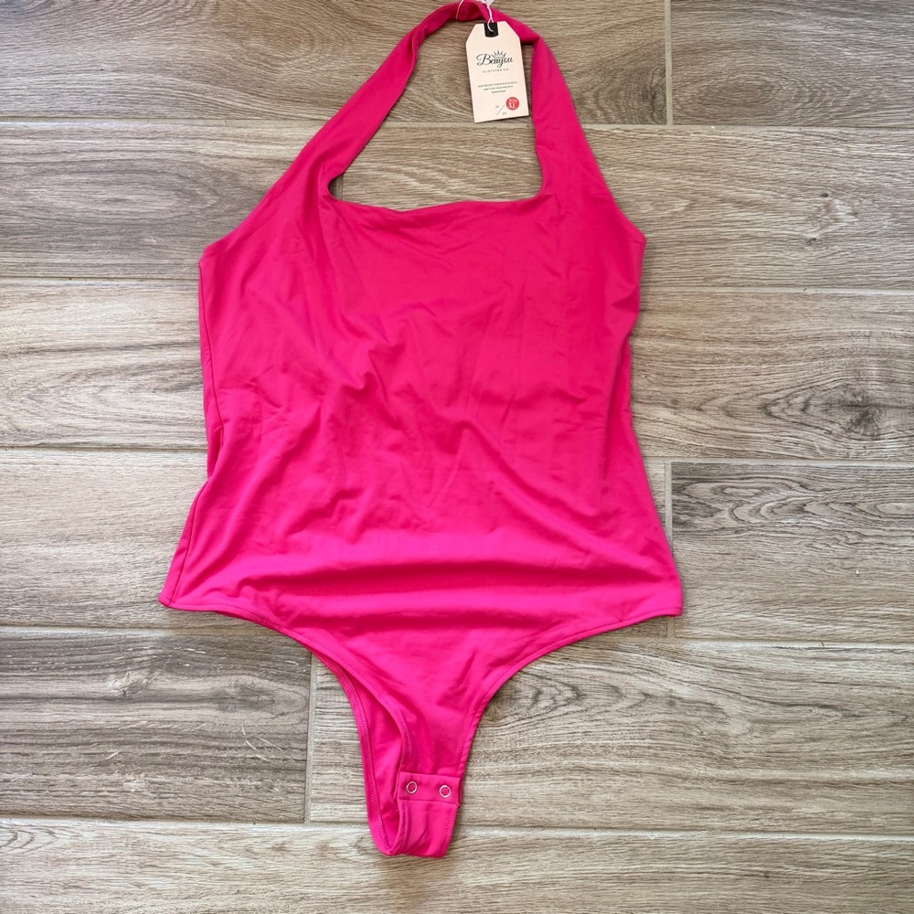 NWT Berryou Women's Size XL Hot Pink Halter Bodysuit Stretch Cotton Cheeky